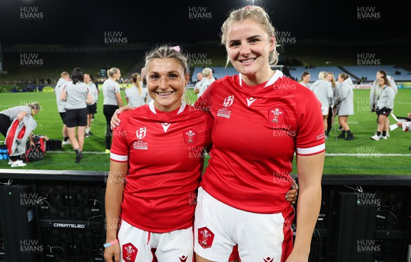 291022 - New Zealand v Wales, Women’s World Cup Quarter-Final - Lowri Norkett and Carys Williams-Morris of Wales at the end of the match