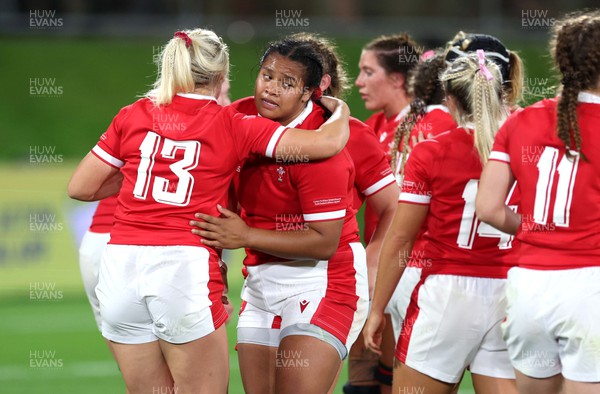 291022 - New Zealand v Wales, Women’s World Cup Quarter-Final -  Carys Williams and Sisilia Tuipulotu of Walesat the end of the game