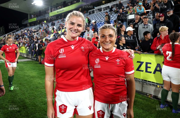291022 - New Zealand v Wales, Women’s World Cup Quarter-Final -  Carys Williams and Lowri Norkett of Wales at the end of the game