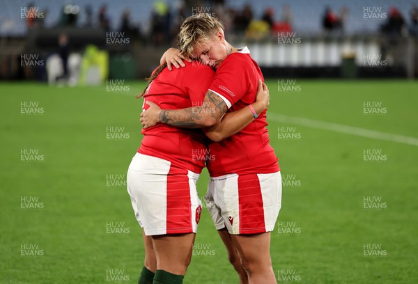291022 - New Zealand v Wales, Women’s World Cup Quarter-Final -  Carys Phillips and Donna Rose of Wales at the end of the game