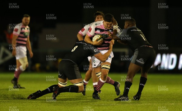 111117 - Newcastle Falcons v Cardiff Blues - Anglo-Welsh Cup - Ryan Burrows and Sami Mavinga of Newcastle Falcons and Sion Bennett of Cardiff Blues