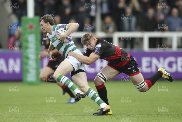 141017 - Newcastle Falcons v Dragons, European Challenge Cup - Simon Hammersley of Newcastle Falcons is tackled by Aaron Wainwright of Dragons