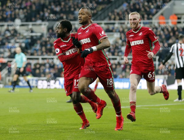 130118 - Newcastle United v Swansea City - Premier League -  Jordan Ayew (18) of Swansea City celebrates scoring the opening goal