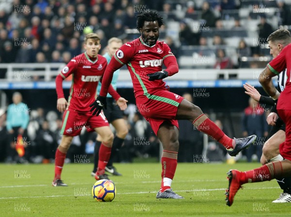 130118 - Newcastle United v Swansea City - Premier League -  Wilfried Bony of Swansea City misses the ball as he attempts to shoot