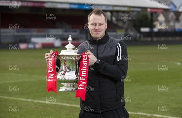 250118 - Newport County - FA Cup preview - Manager Michael Flynn with the trophy