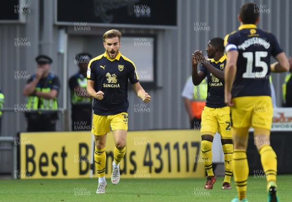 280818 - Newport County v Oxford United - Carabao Cup - Luke Garbutt of Oxford United celebrates his sides first goal