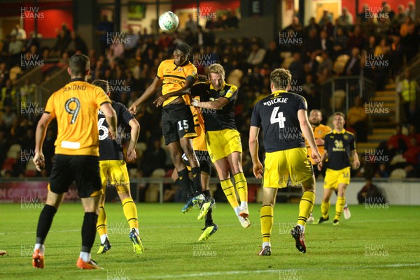 280818 - Newport County v Oxford United - Carabao Cup - Tyreeq Bakinson of Newport County heads a shot at goal