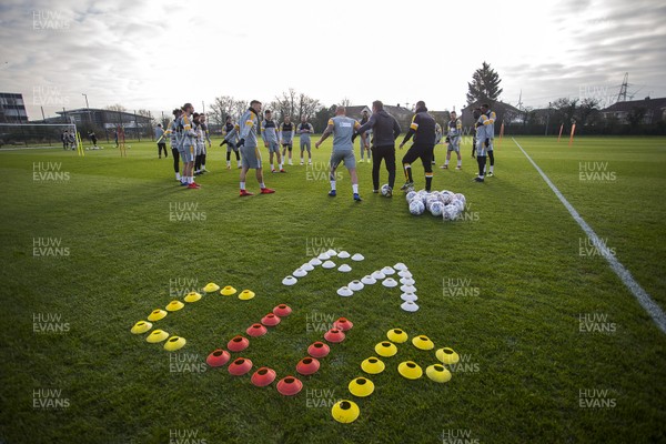040119 - Newport County training prior to their 3rd Round FA Cup game with Leicester City - FA Cup spelt out in cones as the team train