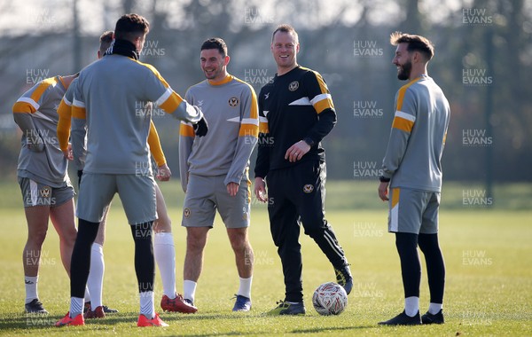 150219 - Newport County Training ahead of their FA Cup match with Manchester City - Padraig Amond and Newport County Manager Michael Flynn
