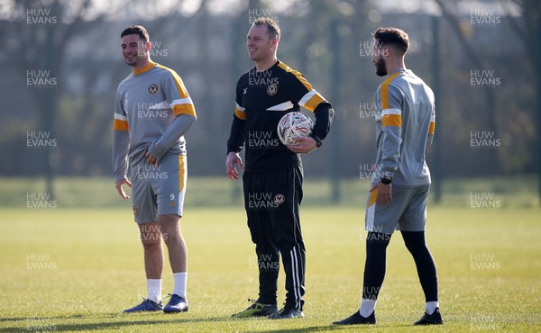 150219 - Newport County Training ahead of their FA Cup match with Manchester City - Padraig Amond and Newport County Manager Michael Flynn