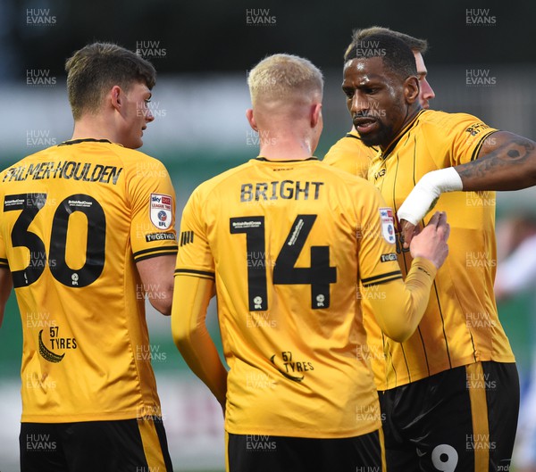 090424 - Newport County v Accrington Stanley - Sky Bet League Two - Newport County players celebrate scoring a goal