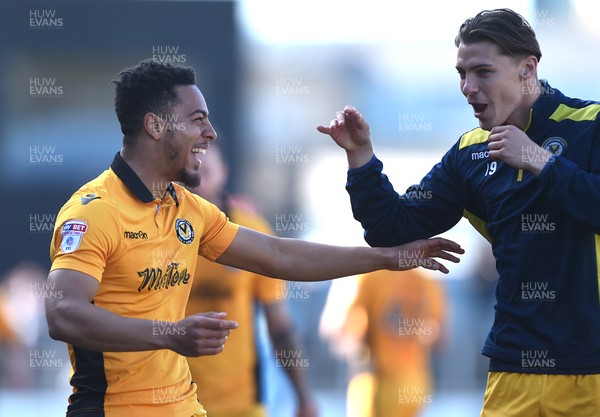 220417 - Newport County v Accrington Stanley - SkyBet League 2 - Jazzi Barnum-Bobb and Sid Nelson of Newport County celebrate win