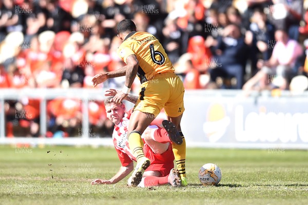 220417 - Newport County v Accrington Stanley - SkyBet League 2 - Billy Kee of Accrington Stanley is tackled by Joss Labadie of Newport County