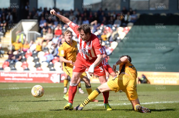 220417 - Newport County v Accrington Stanley - SkyBet League 2 - Mark Hughes of Accrington Stanley is tackled by Tom Owen-Evans of Newport County