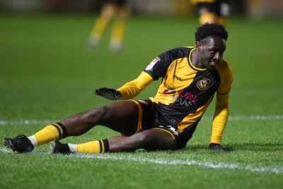 270126 - Newport County v Accrington Stanley - Sky Bet League 2 - Nathan Opoku of Newport County tumbles after he takes a shot