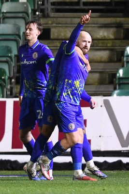 270126 - Newport County v Accrington Stanley - Sky Bet League 2 - Paddy Madden of Accrington celebrates scoring a goal with team mates