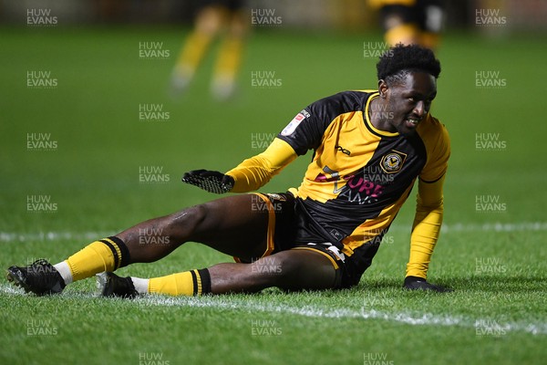 270126 - Newport County v Accrington Stanley - Sky Bet League 2 - Nathan Opoku of Newport County tumbles after he takes a shot