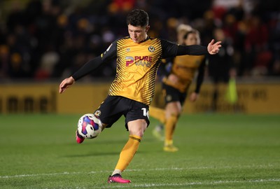 140323 - Newport County v AFC Wimbledon, EFL Sky Bet League 2 - Calum Kavanagh of Newport County fires a shot towards goal