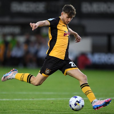 230925 - Newport County v Arsenal U21 - Vertu Trophy - Ben Lloyd of Newport County scores the first goal of the game