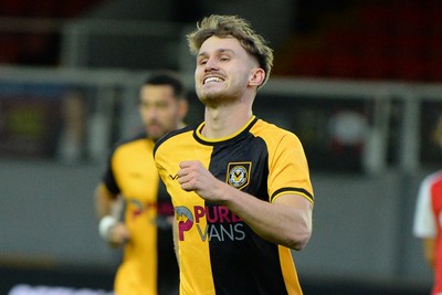 230925 - Newport County v Arsenal U21 - Vertu Trophy - Ben Lloyd of Newport County celebrates scoring a goal