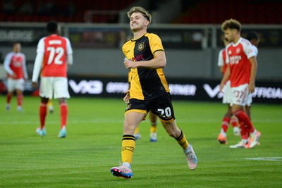 230925 - Newport County v Arsenal U21 - Vertu Trophy - Ben Lloyd of Newport County celebrates scoring a goal