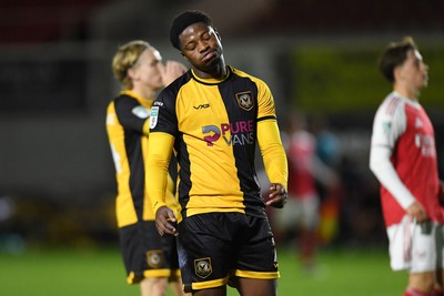 230925 - Newport County v Arsenal U21 - Vertu Trophy - Frustrated Bobby Kamwa of Newport County