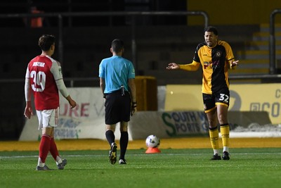 230925 - Newport County v Arsenal U21 - Vertu Trophy - Jaden Warner of Newport County gives away a penalty