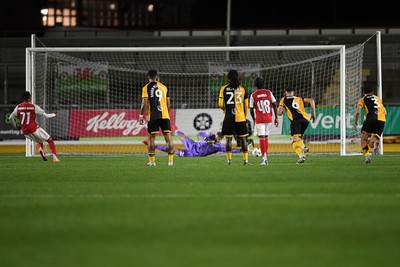 230925 - Newport County v Arsenal U21 - Vertu Trophy - Harriman-Annous of Arsenal U21s scores a goal from the penalty spot