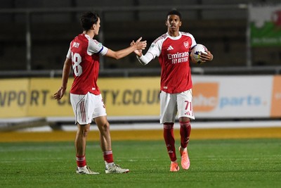 230925 - Newport County v Arsenal U21 - Vertu Trophy - Harriman-Annous of Arsenal U21s scores a goal from the penalty spot