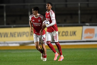 230925 - Newport County v Arsenal U21 - Vertu Trophy - Harriman-Annous of Arsenal U21s scores a goal from the penalty spot