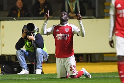 230925 - Newport County v Arsenal U21 - Vertu Trophy - Josh Nicols of Arsenal U21s celebrates scoring a goal