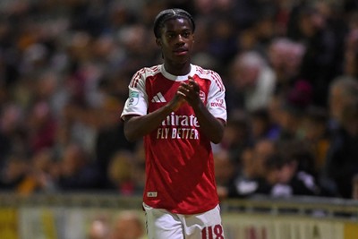 230925 - Newport County v Arsenal U21 - Vertu Trophy - Josh Nicols of Arsenal U21s applauded fans after leaving the field