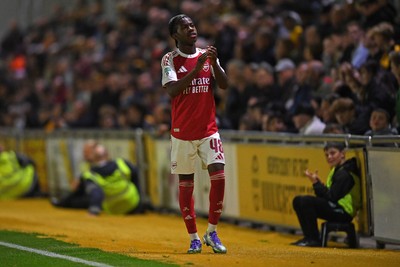 230925 - Newport County v Arsenal U21 - Vertu Trophy - Josh Nicols of Arsenal U21s applauded fans after leaving the field