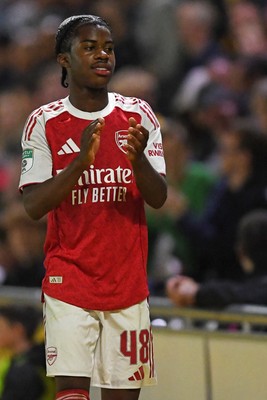 230925 - Newport County v Arsenal U21 - Vertu Trophy - Josh Nicols of Arsenal U21s applauded fans after leaving the field