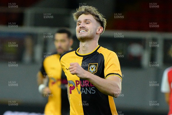 230925 - Newport County v Arsenal U21 - Vertu Trophy - Ben Lloyd of Newport County celebrates scoring a goal