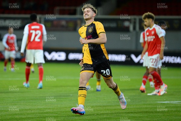 230925 - Newport County v Arsenal U21 - Vertu Trophy - Ben Lloyd of Newport County celebrates scoring a goal