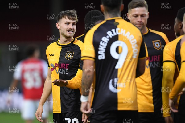 230925 - Newport County v Arsenal U21 - Vertu Trophy - Ben Lloyd of Newport County celebrates scoring a goal with team mates