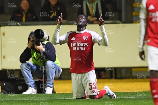 230925 - Newport County v Arsenal U21 - Vertu Trophy - Josh Nicols of Arsenal U21s celebrates scoring a goal