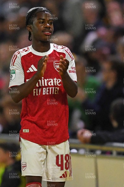 230925 - Newport County v Arsenal U21 - Vertu Trophy - Josh Nicols of Arsenal U21s applauded fans after leaving the field
