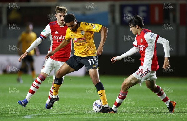 121021 - Newport County v Arsenal U21s - Papa Johns Trophy - Jermaine Hylton of Newport County is challenged in the box