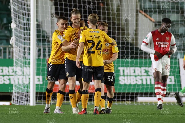 121021 - Newport County v Arsenal U21s - Papa Johns Trophy - Alex Fisher of Newport County celebrates scoring a goal with team mates