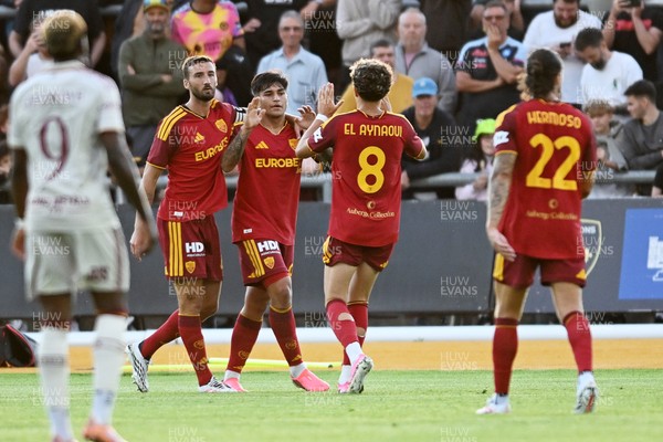 040826 - Newport County v AS Roma - Pre-Season Friendly - Santiago Castro of Roma celebrates scoring a goal with team mates