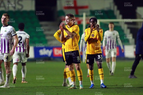 021223 - Newport County v Barnet - FA Cup Second Round - Bryn Morris and Matty Bondswell of Newport County applaud the fans after the final whistle