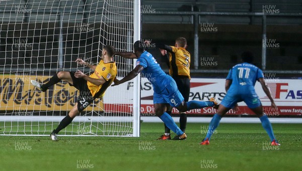 211117 - Newport County v Barnet - SkyBet League Two - John Akinde of Barnet scores in the 88th minute