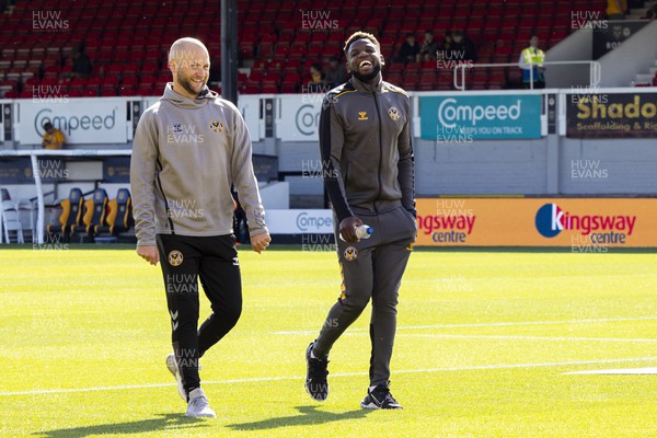 170922 - Newport County v Barrow - Sky Bet League 2 - Newport County manager James Rowberry with Offrande Zanzala of Newport County ahead of the match