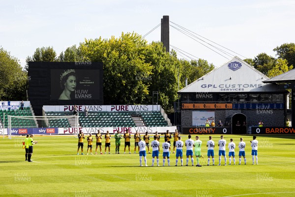 170922 - Newport County v Barrow - Sky Bet League 2 - Newport County & Barrow lineup for a minute's applause in honour of Her Majesty Queen Elizabeth II ahead of kick off