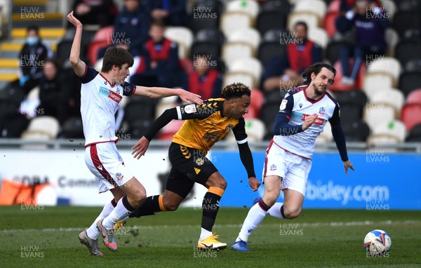 050421 - Newport County v Bolton Wanderers - EFL SkyBet League 2 - Nicky Maynard of Newport County is tackled by Jordan Williams of Bolton