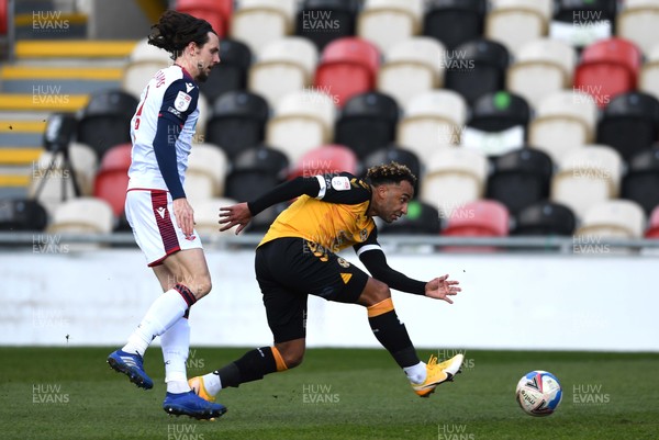 050421 - Newport County v Bolton Wanderers - EFL SkyBet League 2 - Nicky Maynard of Newport County is tackled by Jordan Williams of Bolton