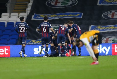 090321 Newport County v Bradford City, Sky Bet League 2 - Bradford players celebrate with Andy Cook after he scores goal
