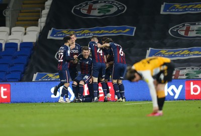 090321 Newport County v Bradford City, Sky Bet League 2 - Bradford players celebrate with Andy Cook after he scores goal